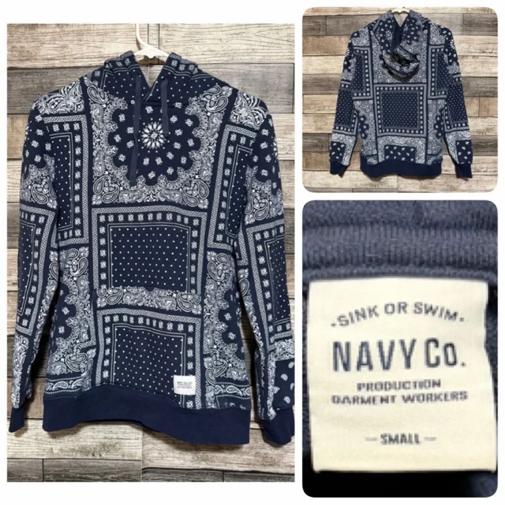 Navy Co Sink Or Swim Bandana Hoodie Men’s S Blue White Pullover Paisley